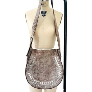 CALLEEN CORDERO Cleo Zara Leather Messenger Bag in White Crackel Silver Studded